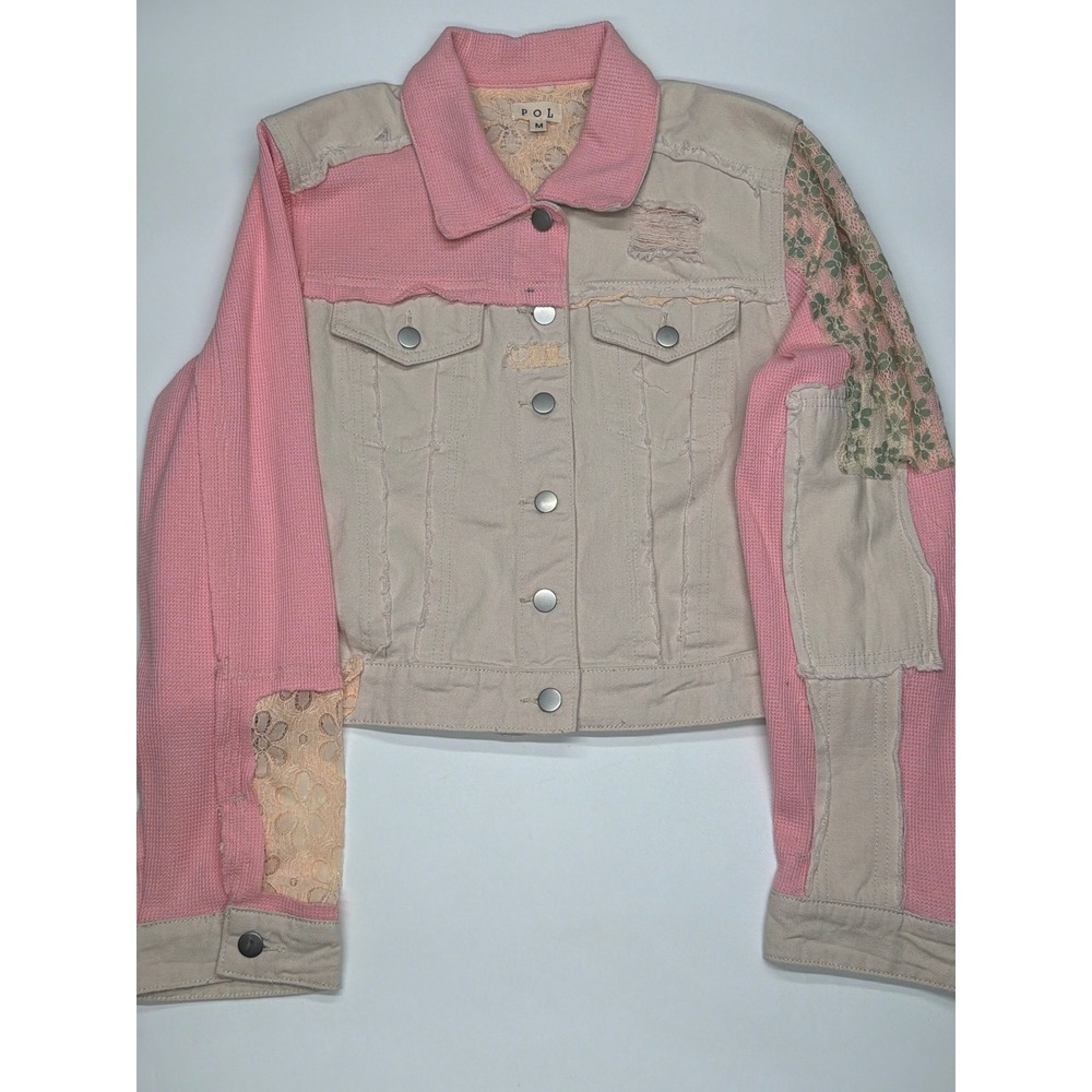 Womens POL Pink Beige Patchwork BabyDoll core Denim Lace Distress Jacket Medium
